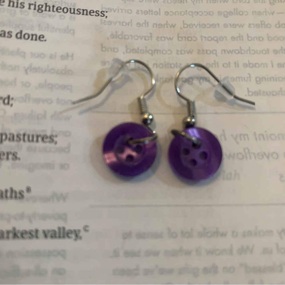Handmade Purple Button Dangling Earrings - Picture 2 of 6